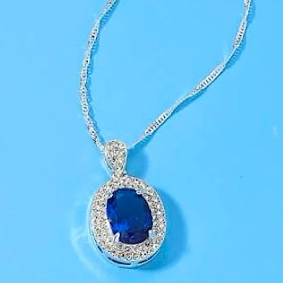 Sterling Silver Blue Sapphire Pendant Charm Necklace - Picture 2 of 4
